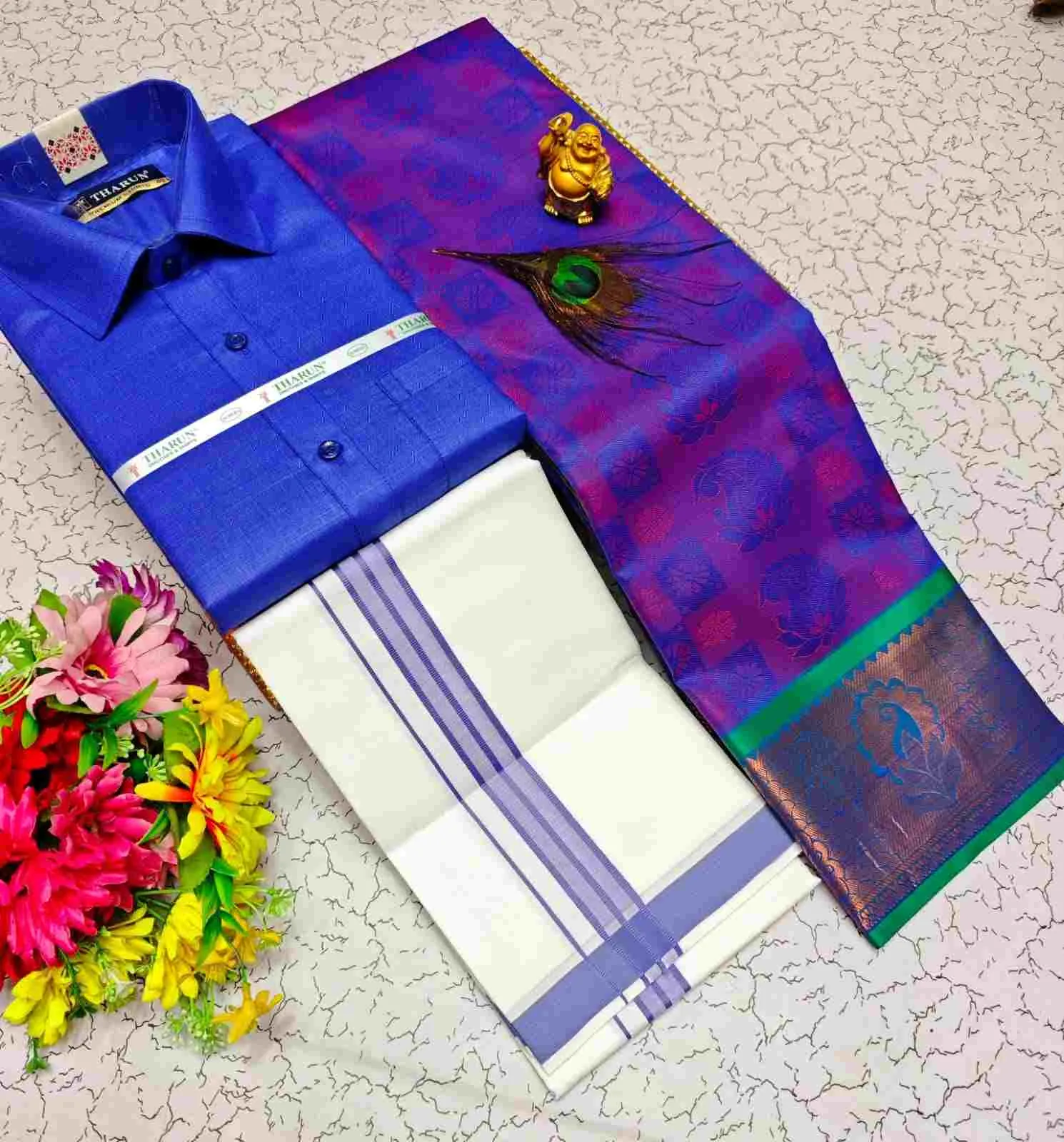 Neelam Royal Blue Contrast Kubera Silk Couple Combo